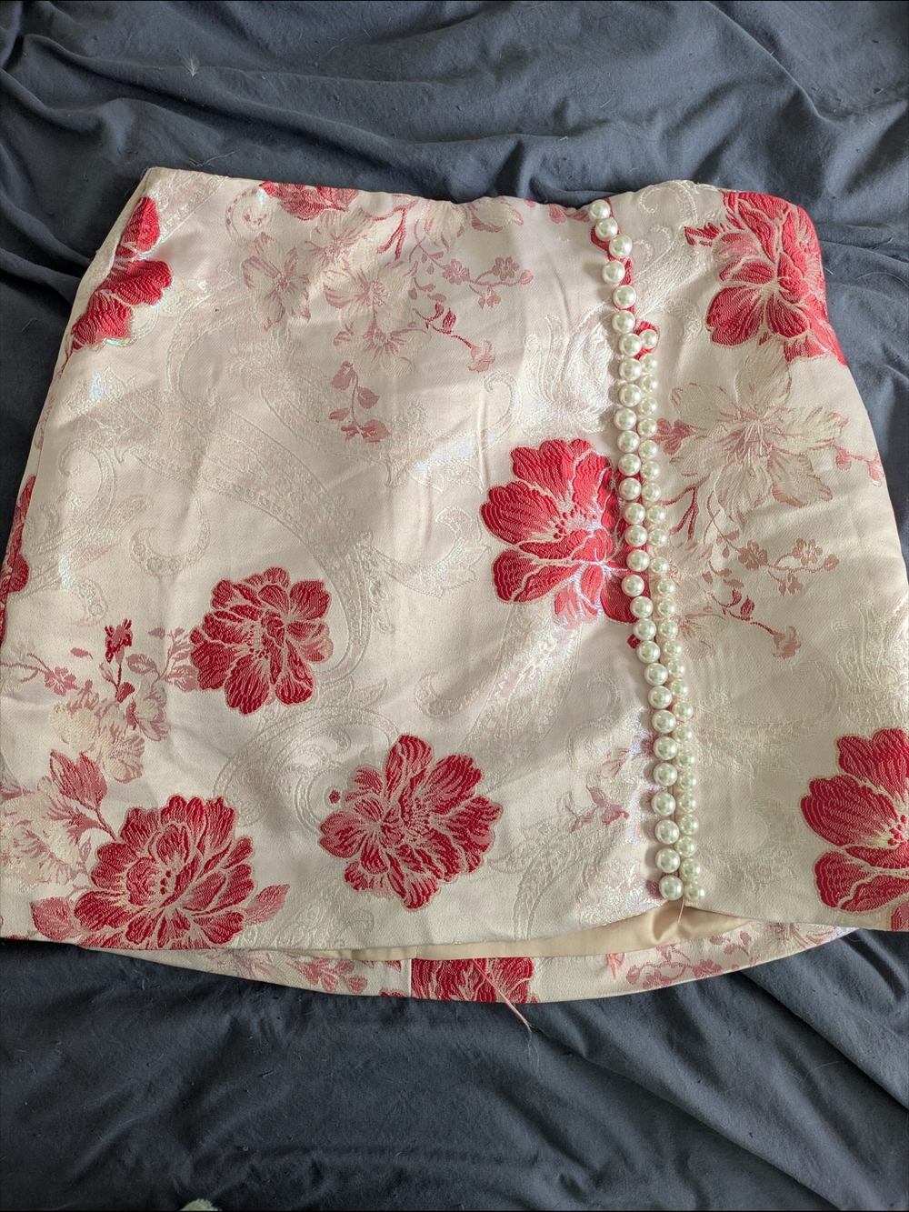 NWT AKIRA Cream Mini Skirt with Red Floral Embroidery & Pearl Trim Size 14